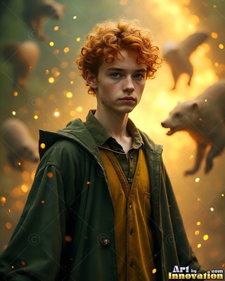 Standing in warm light, a red-haired young man in a green coat watches badgers running