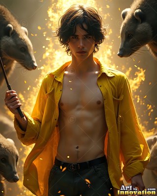 Man in his youth in an open yellow shirt holds a wand by badgers