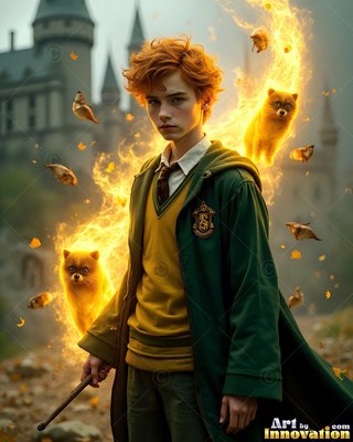 Wearing a green robe, a young man holds a wand outside a castle as fiery badgers circle him