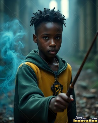A man points a wooden wand forward beside soft blue smoke