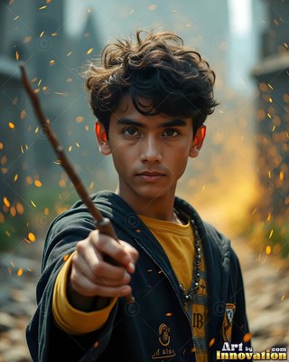 Facing forward in a stone courtyard, a man in his youth points a wand through flying sparks