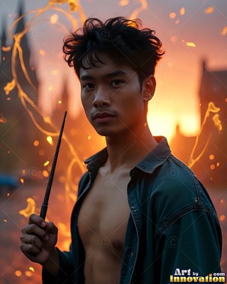 A younger man in an open shirt holds a wand near warm orange sparks at sunset