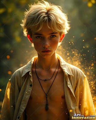 In the sunlit woods, a young fair-haired man stands in an open tan shirt with sparks around him