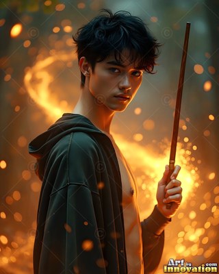 Holding a wooden wand upright, a younger man wears an open dark hoodie in warm light