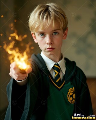 Young blond man in green robes aims a flaming wand forward