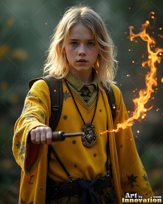In a bright yellow robe, a young man with blond hair points a wand making sparks outdoors