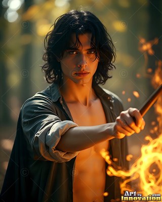 A youthful man points a wooden staff forward with warm orange fire nearby