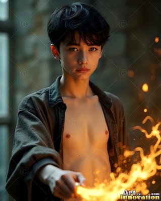 Facing forward in a stone hall, a young man cradles fire in his hand