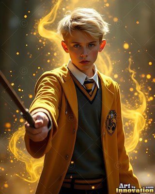 A blond youthful man points a wand in a yellow school uniform with golden sparks around him