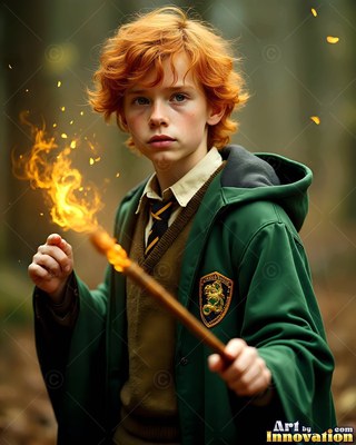 In a dark forest, a young red-haired man in a green robe points a flaming wand