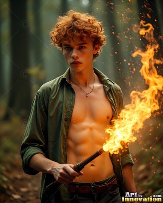 Holding a flaming torch, a red-haired young man stands bare-chested in an open green shirt