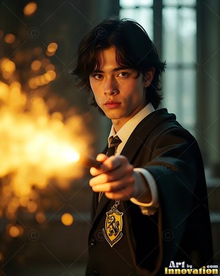Young man in a black school robe pointing a wand with bright yellow sparks
