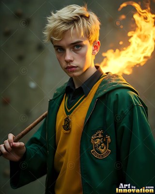 Blond hair tops a young man in green and yellow robes holding a flaming torch outdoors