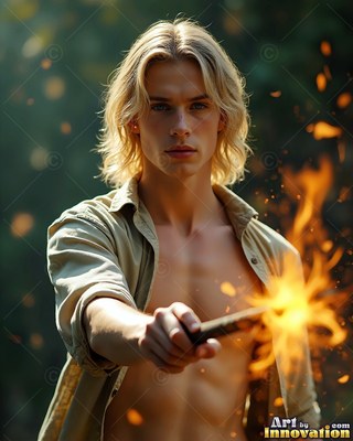 A fair-haired man points a burning wand forward as bright orange sparks fly around him