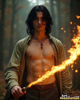 Facing forward in misty woods, a shirtless man holds a flaming wand