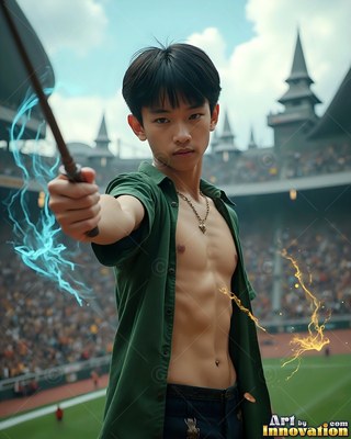 A man in his youth in an open green shirt points his wand inside a stadium