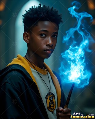 In a stone hall, a young man raises a wand topped with bright blue fire