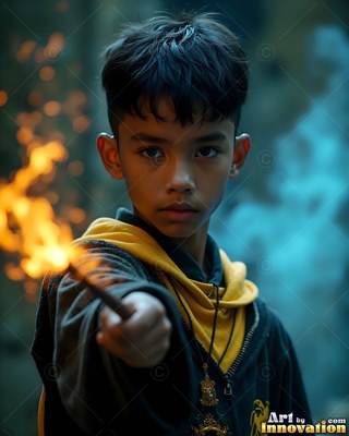 Pointing a burning wooden wand forward, a younger man wears a yellow hoodie and dark robe