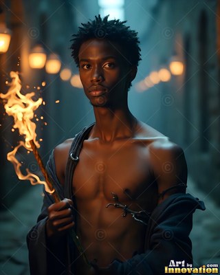 A shirtless young Black man holds a flaming branch