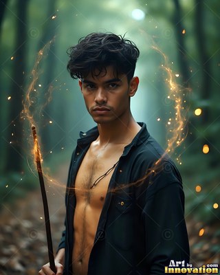 An open dark shirt reveals the bare chest of a younger man holding a wand in a dim forest