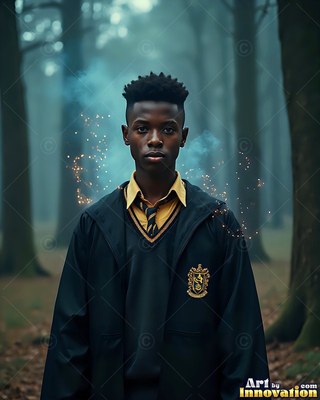 A young man in school robes stands in a dark forest as tiny blue sparks rise in the mist