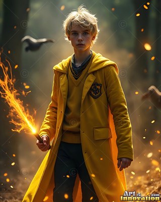 Standing in a dark forest, a young blond-haired man clasps a burning wand in a yellow coat