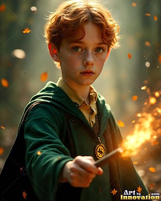 A young red-haired wizard man in a green cloak holds a wand shooting bright fire sparks
