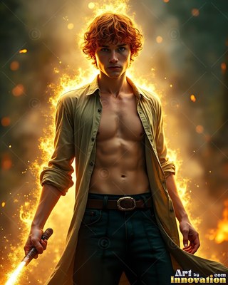 In a dark forest, a shirtless red-haired man stands enveloped in bright yellow flames