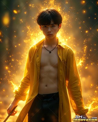 Holding a wand, a man in his youth in an open yellow shirt stands before bright sparks