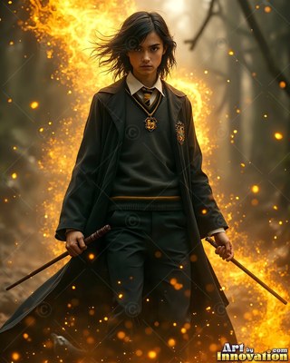 Man in a black school uniform holds two wands in a fiery forest