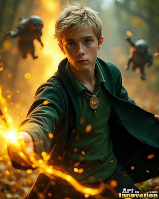 Wearing a green jacket, a young fair-haired man casts bright yellow sparks in a forest