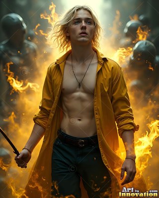 A blond man stands in an open yellow shirt while bright yellow flames flare around him