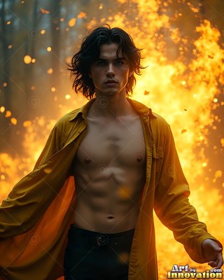 Facing forward in the woods, a man stands in an open yellow shirt before bright fire