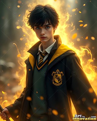 A youthful man in a dark yellow-lined school robe stands before bright yellow flames