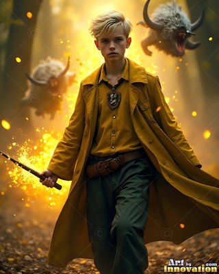 In a dim forest, a young blond man in a yellow coat holds a wand by horned beasts
