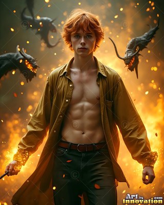 Standing in bright sparks, a youthful man wears an open yellow coat with horned beasts nearby