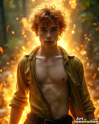 A youthful man in an open shirt stands before bright firelight in the woods