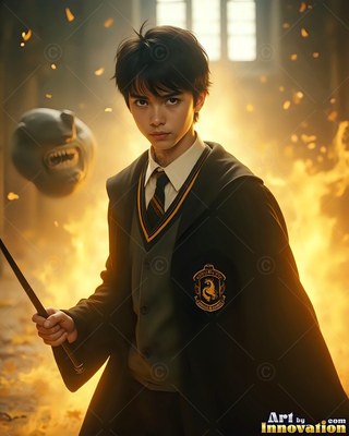 Wearing a black school robe with a yellow crest, a man cradles a wand in a hall filled with yellow fire