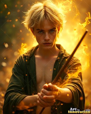 A young blond man points a wooden wand forward with bright yellow fire around him