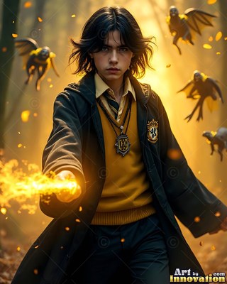 A man in a yellow sweater casts fire from his hand in a dim forest