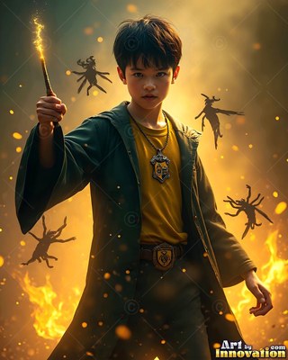 In bright yellow flames, a youthful man holds up a sparking wand in a green robe
