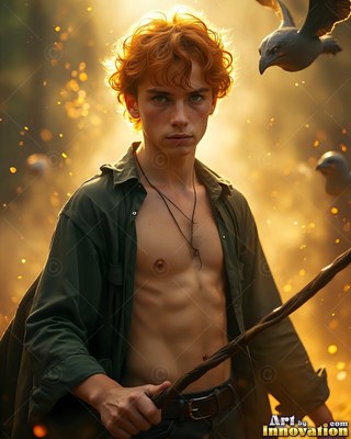 A red-haired man with an open green shirt holds a staff