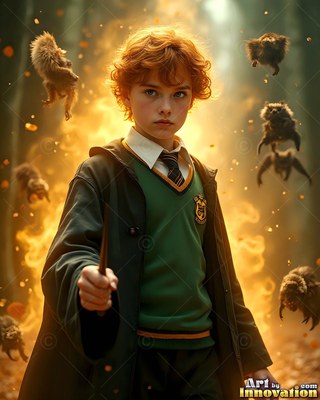 In a green sweater vest, a youthful man raises a wand while badgers fly around him