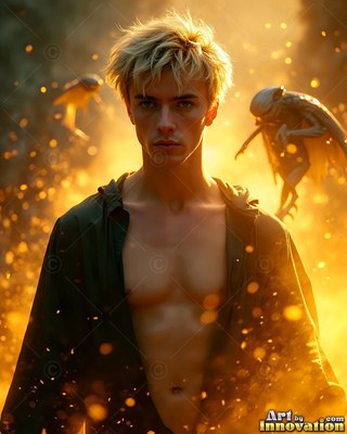 A man with blond hair stands in an open dark shirt with small flying creatures in warm yellow light