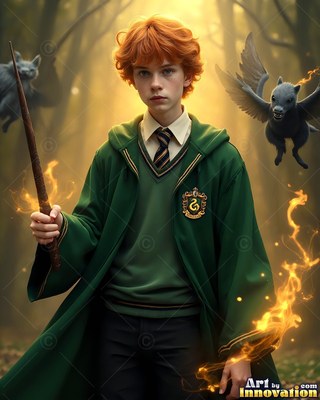 Facing forward in the woods, a young man in green robes holds up a wand