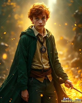 A young red-haired man holds a wand in a green robe in warm light
