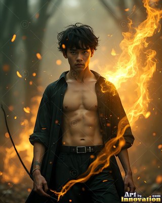 In a hazy woods, an open-shirted man stands beside rising orange flames