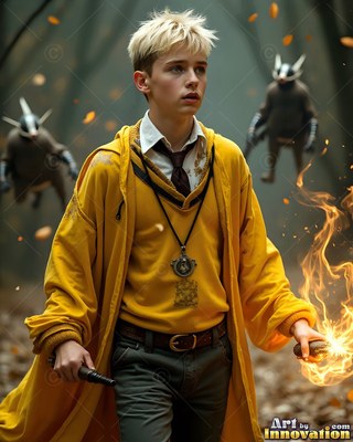 Walking through woods, a young fair-haired man in yellow robes holds fire and a wand