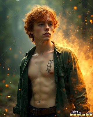 Young red-haired man in an open green shirt near fire sparks