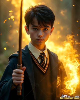 Wearing a striped school tie, a youthful man raises a wooden wand before yellow fire in the woods